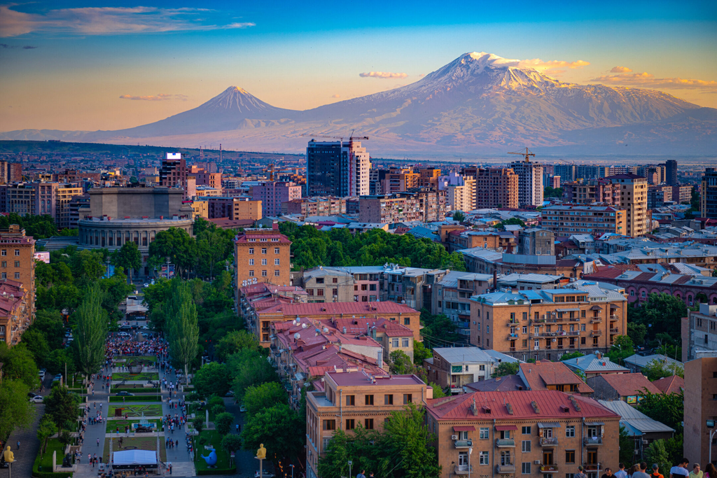 Mount Ararat viewed from the Cascade Complex at sunset towering above Yerevan, Armenia, May 31, 2019 
