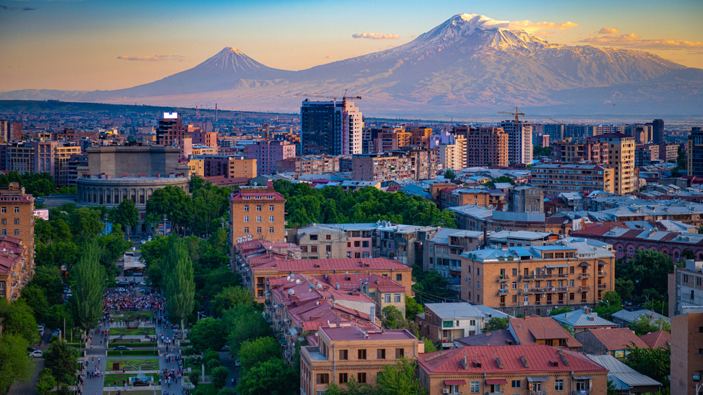 Mount Ararat viewed from the Cascade Complex at sunset towering above Yerevan, Armenia, May 31, 2019 