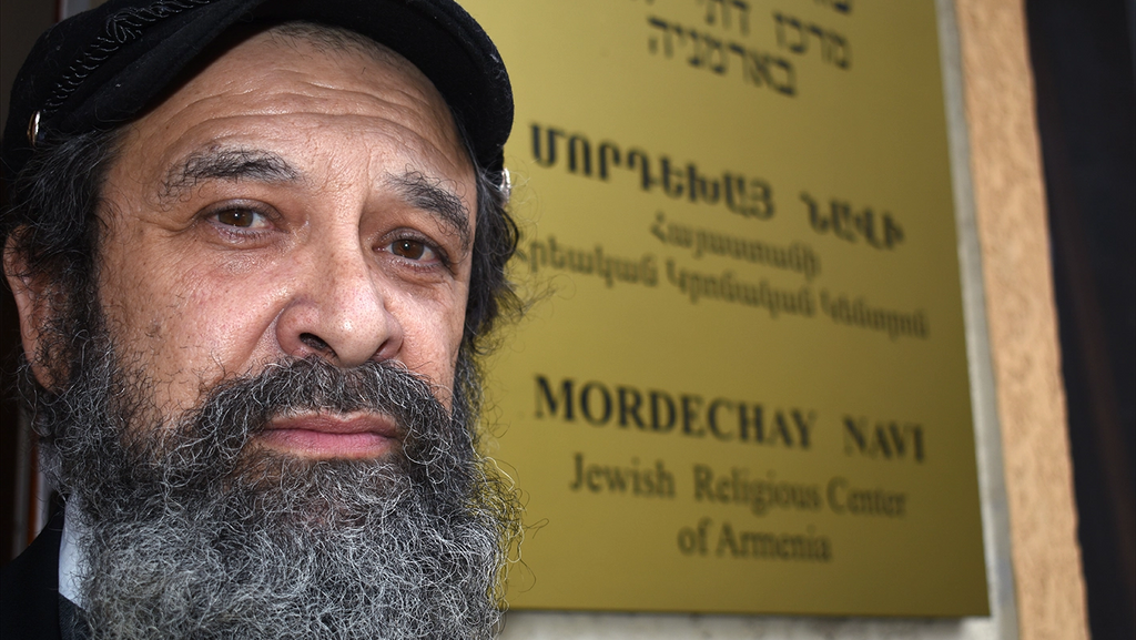 Rabbi Gershon Burshteyn, spiritual leader of the Mordechay Navi Jewish Religious Center of Armenia, seen outside the center he leads 