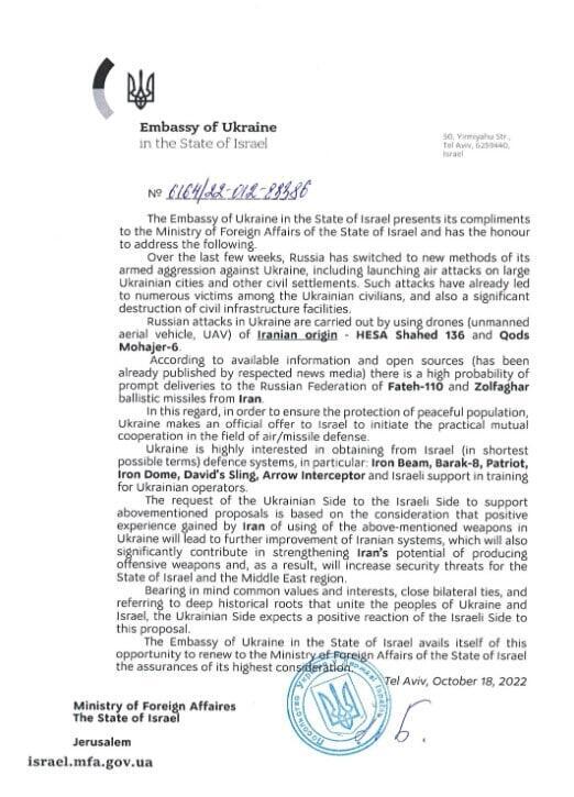 מכתב הבקשה הרישמית מאוקראינה למשרד החוץ לקבלת מערכות הגנה