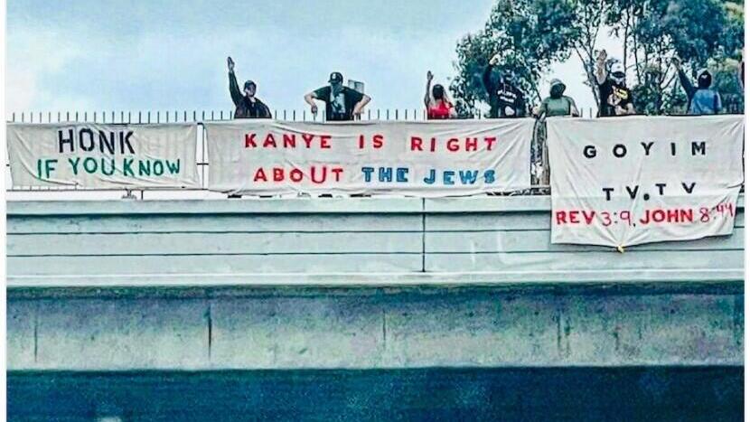 Pictures of the Goyim Defense League banners supporting Kanye West's comments about Jews 
