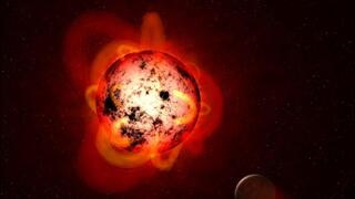 איור של כוכב ננס אדום מסוג M, אשר סביבו נע כוכב לכת, העוד שהכוכב ננס אדום מתלקח באופן שהורס את האטמוספירה של כוכב הלכת