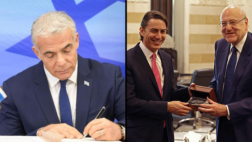 Lapid signs the agreement; U.S envoy Amos Hochstein with Lebanon's president (Photo: GPO) יאיר לפיד בחתימת ההסכם הימי עם לבנון