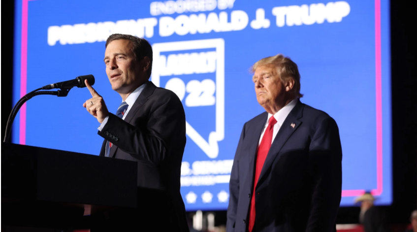 Adam Laxalt joins former President Donald Trump on stage during a campaign rally at the Minden-Tahoe Airport in Minden, Nev., Oct. 8, 2022 (Photo: Justin Sullivan/Getty Images via JTA) Adam Laxalt joins former President Donald Trump on stage during a campaign rally at the Minden-Tahoe Airport in Minden, Nev., Oct. 8, 2022