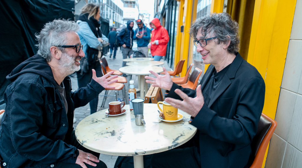 David Baddiel, left, speaks with Neil Gaiman in the upcoming Channel 4 documentary “Jews Don’t Count” 