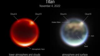 תמונות של טיטאן, הירח של שבתאי, אשר צולמו על ידי מצלמת תת-אדום קרוב (NIRC) של ג'יימס ווב ב-4 בנובמבר 2022, בהן ניתן להבחין בשני העננים
