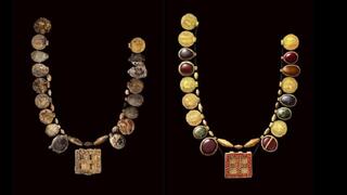 שחזור השרשרת המעוטרת, בת 1,300 שנים, שנמצאה באתר שבנורת'המפטונשייר (משמאל) ואיור שלה (מימין)