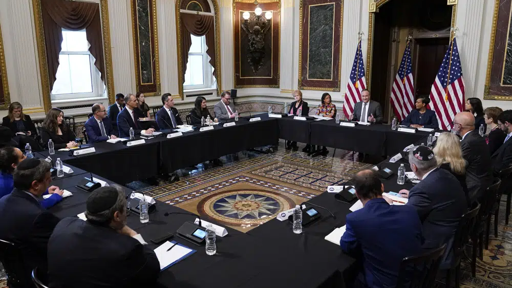 Doug Emhoff, the husband of Vice President Kamala Harris, speaks during a roundtable discussion with Jewish leaders about the rise in antisemitism and efforts to fight hate in the United States in the Indian Treaty Room in the Eisenhower Executive Office Building on the White House Campus in Washington, Wednesday, Dec. 7, 2022 