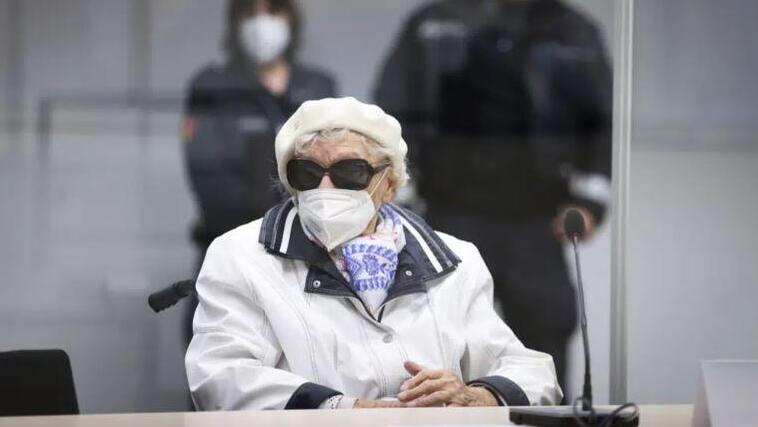The at this time 96-year-old defendant Irmgard F. sits in the courtroom at the beginning of the trial day in Itzehoe, Germany, Tuesday, Nov. 9, 2021