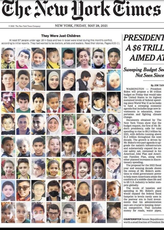 NYTimes front page from may 2021 depicting children killed in Gaza during IDF strikes 