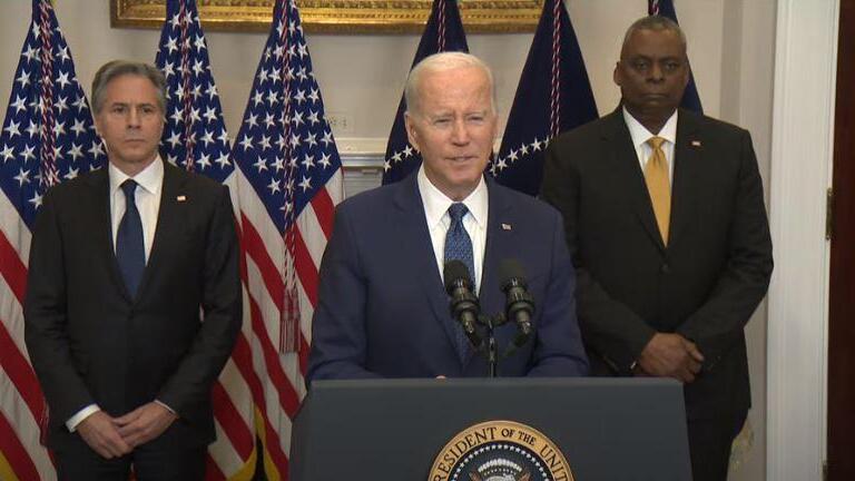 President Biden announcing military package for Ukraine, along with Secretary of State Blinken (left) and Secretary of Defense Lloyd Austin
