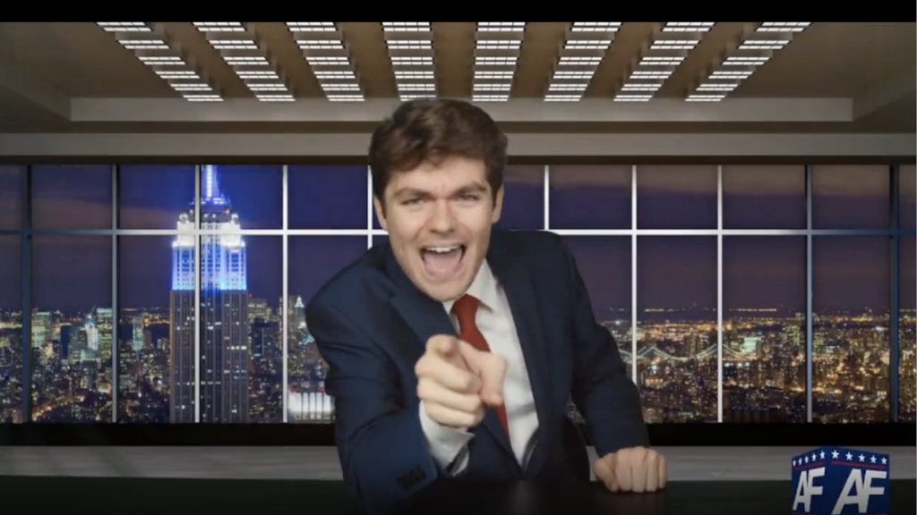 White nationalist leader Nick Fuentes addresses his livestream audience on the day Roe v. Wade is struck down to attack Jews on the Supreme Court, June 24, 2022 