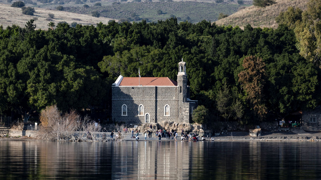 A general view shows a church on the coast of the Sea of Galilee in northern Israel, January 23, 2023 