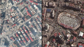 אוהל אוהלים בתוך אצטדיון ב קרמנמרש צילום לוויין לפני ואחרי רעידת אדמה רעש טורקיה