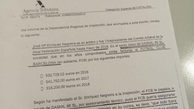 המסמך שמראה את התשלומים שברצלונה העבירה לסגן נשיא איגוד השופטים