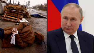 חצי חצי ולדימיר פוטין ואזרחים שנרצחו בטבח ב בוצ'ה אוקראינה