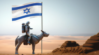 אסטרונאוט מחזיק את דגל ישראל בזמן שהוא רוכב על גמל במדבר