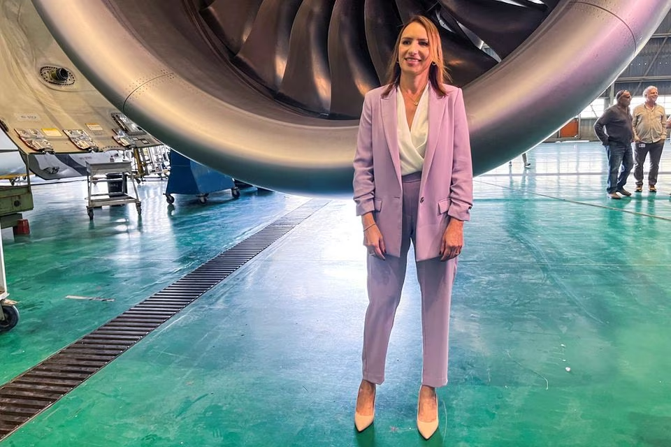 Dina Ben-Tal Ganancia, the chief executive officer of El Al, stands in front of a Boeing 787 Dreamliner plane after a news conference at Ben Gurion airport in Lod, Israel March 2, 2023 