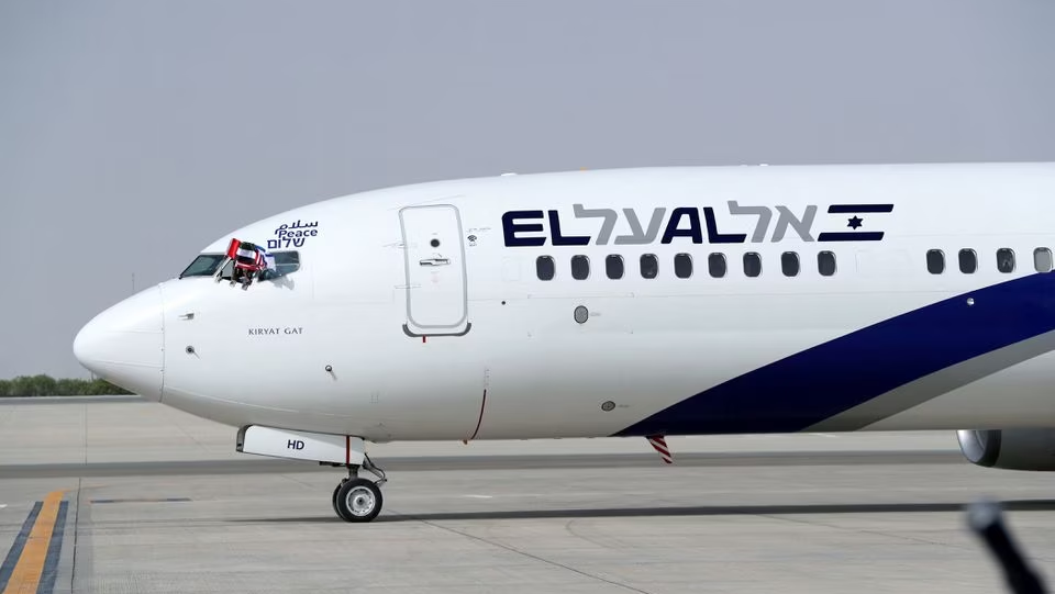The Israeli flag carrier El Al's airliner carrying Israeli and U.S. delegates lands at Abu Dhabi International Airport, United Arab Emirates August 31, 2020 