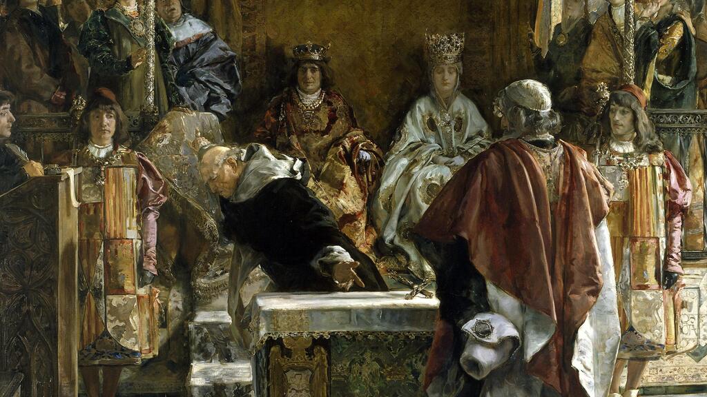המלכים פרדיננד ואיזבלה חותמים על החוק ל גירוש יהודי ספרד ציור שמן של אמיליו סאלה