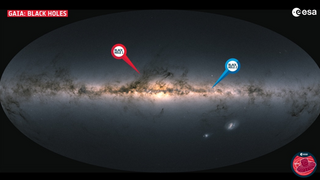 מפה של גלקסיית שביל החלב שבה נמצאת מערכת השמש שהורכבה בעזרת התצפיות של סוכנות החלל האירופאית. המפה מציינת את מיקומם של שני החורים החדשים שהתגלו. BH1 נמצא בקבוצת הכוכבים נושא הנחש ו-BH2 בקבוצת סנטאור