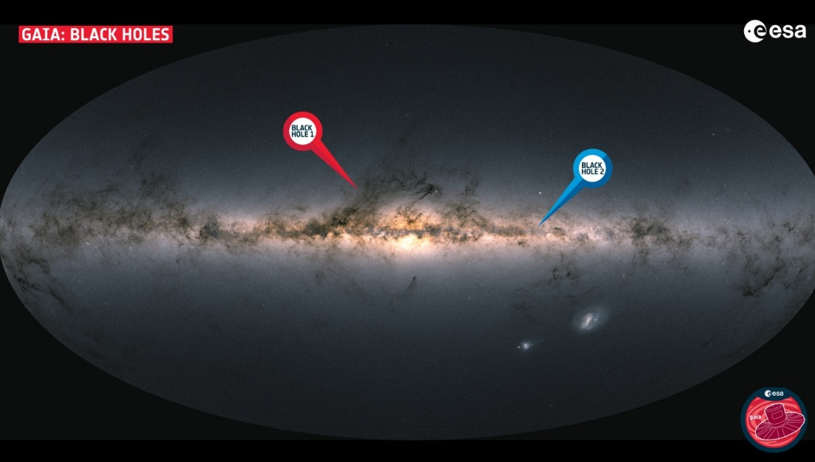 מפה של גלקסיית שביל החלב שבה נמצאת מערכת השמש שהורכבה בעזרת התצפיות של סוכנות החלל האירופאית. המפה מציינת את מיקומם של שני החורים החדשים שהתגלו. BH1 נמצא בקבוצת הכוכבים נושא הנחש ו-BH2 בקבוצת סנטאור