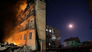 זירת פגיעה של מל"ט מתוצרת איראנית במתקפה של רוסיה נגד אוקראינה בעיר רזיישיב במחוז קייב