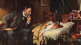 "הרופא", ציור שמן על קנבס של לוק פילדס מ־1891, מתאר רופא בוחן ילד חולה בזמן שהוריו צופים חסרי אונים מהצד