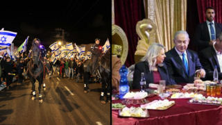 מפגינים בעד ונגד המהפכה המשפטית מחוץ לאירוע המימונה שמשתתף בו בנימין נתניהו ראש הממשלה בחדרה