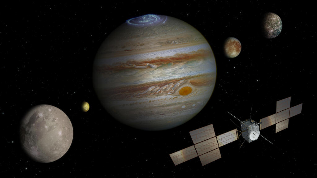החללית JUICE בסביבתו של כוכב הלכת צדק (במרכז). מימין: הירחים קליסטו ואירופה, משמאל: גנימד ואִיוֹ (צהוב) – הירח הגעשי של צדק שאינו נכלל בליבת המשימ