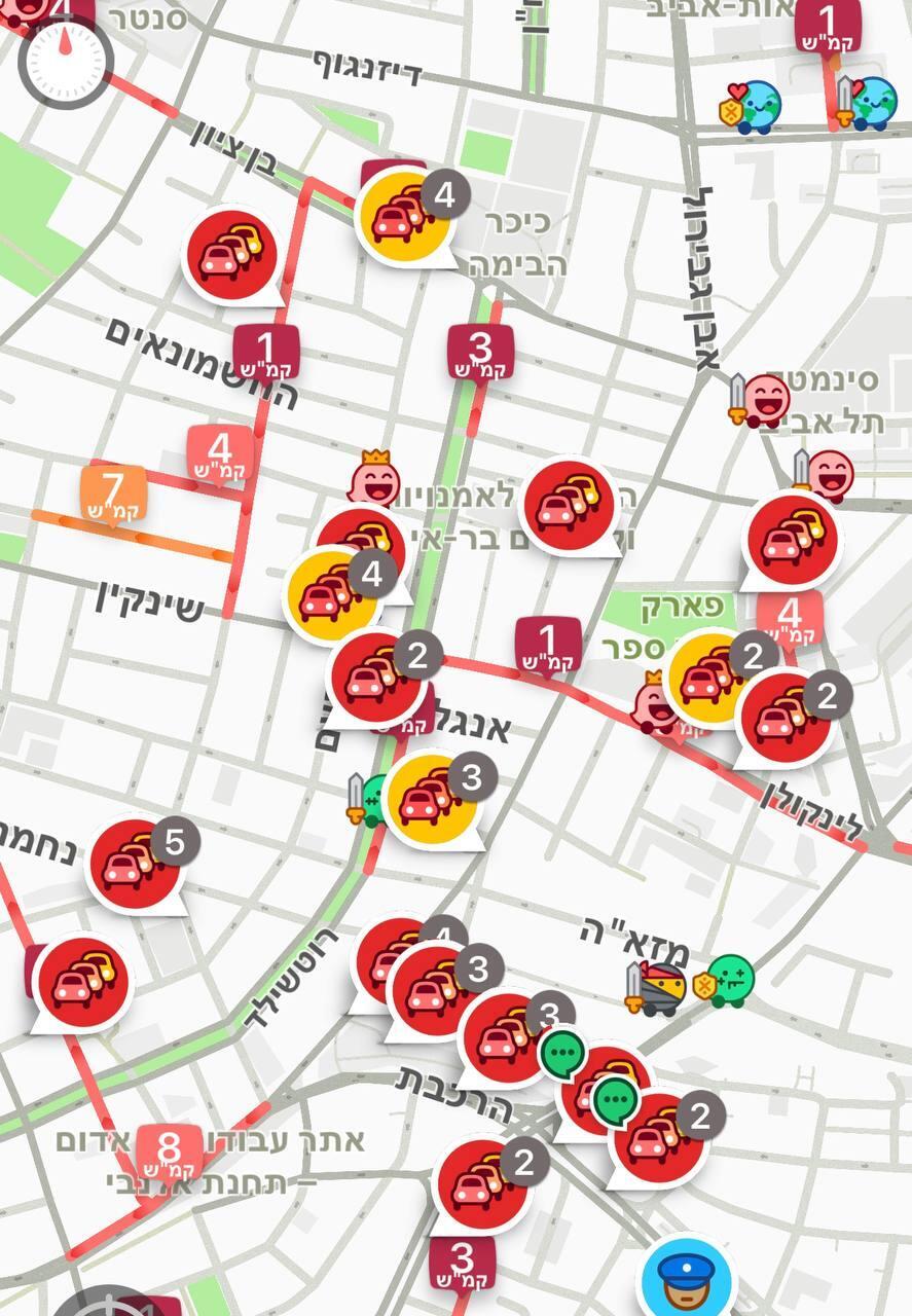 פקקי התנועה בתל אביב לפי אפליקציית waze