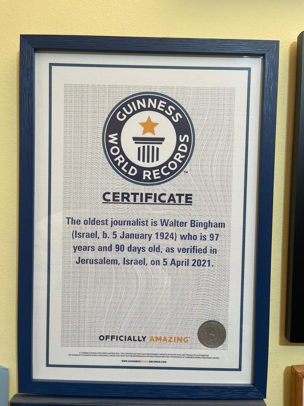 Guinness World Records certificate for the oldest journalist