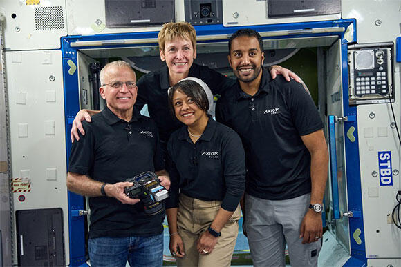 The AX-2 team during training in the space station simulator, with images from the station similar to those that will be utilized in the Israeli experiment; From right: Al-Qarni, Whitson (behind), Barnawi, and Shoffner 
