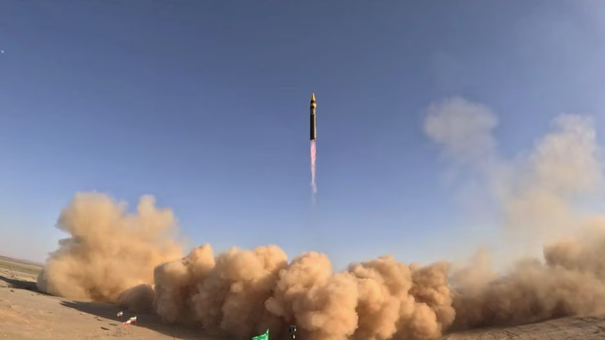 A new surface-to-surface 4th generation Khorramshahr ballistic missile called Khaibar with a range of 2,000 km is launched at an undisclosed location in Iran, in this picture obtained on May 25, 2023 