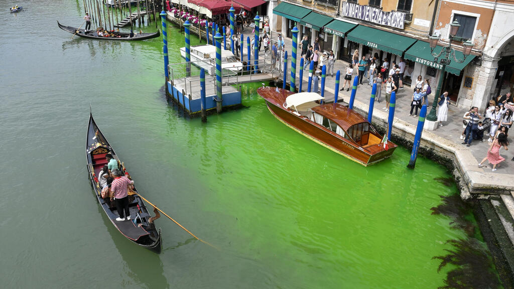 Гондола на зеленых водах канала (Фото: AP) ונציה תעלות תעלה כתם ירוק זוהר מוזר תעלומה