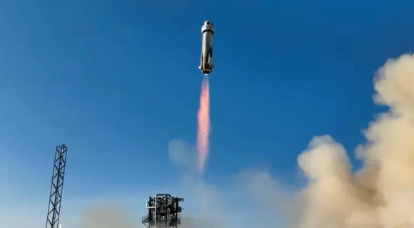 A previous launch of the New Shepard rocket with a tourist spacecraft 