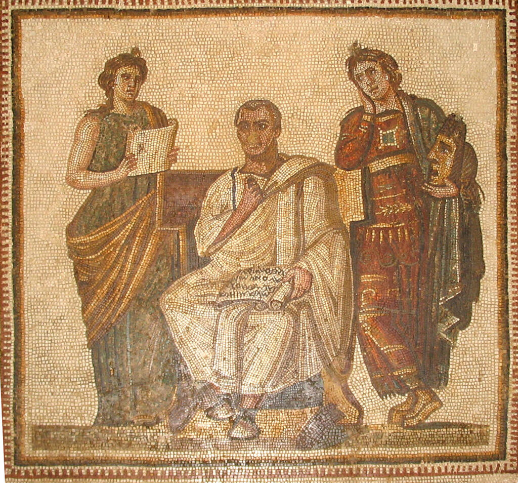 "פסיפס ורגיליוס", המתאר את המשורר ורגיליוס מחזיק במגילת הפואמה אינאיס ומוקף במוזות קליאו ומלפומנה