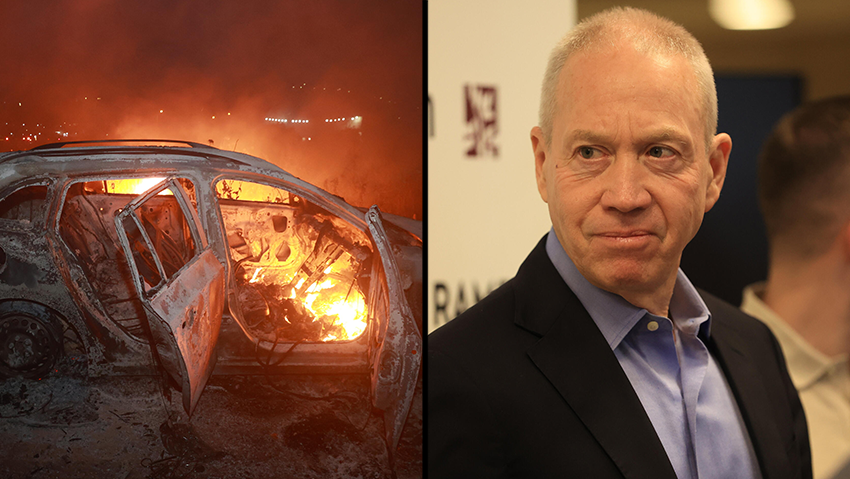 Palestinian car set on fire by settlers, Yoav Gallant (Photo Shaul Golan, Elad Gershgorn) שר הביטחון יואב גלנט מבקר בבית החולים רמב״ם את הלוחמים שנפצעו בפעילות המבצעית בג׳נין