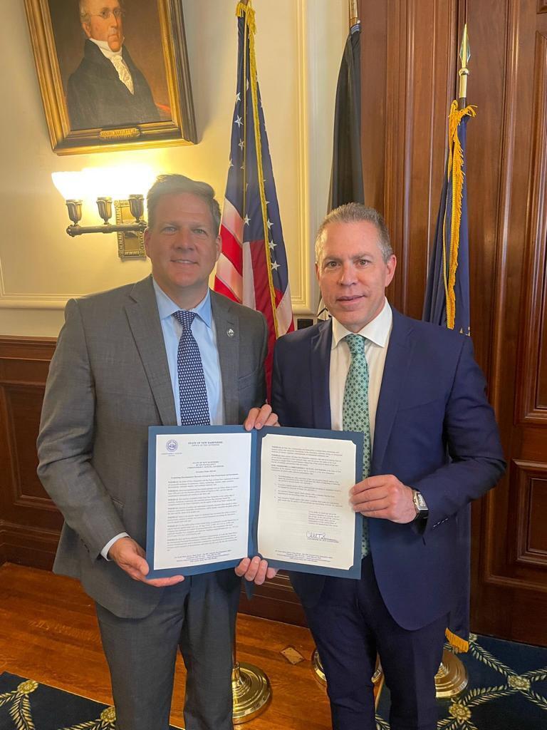 NH Gov. Christopher Sununu and Israel’s Permanent Representative to the United Nations, Ambassador Gilad Erdan, stand with the new NH law against the anti-Israel BDS movement 