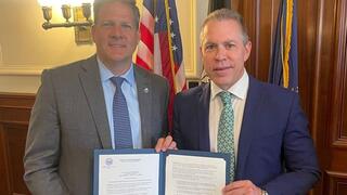 NH Gov. Christopher Sununu and Israel’s Permanent Representative to the United Nations, Ambassador Gilad Erdan, stand with the new NH law against the anti-Israel BDS movement 