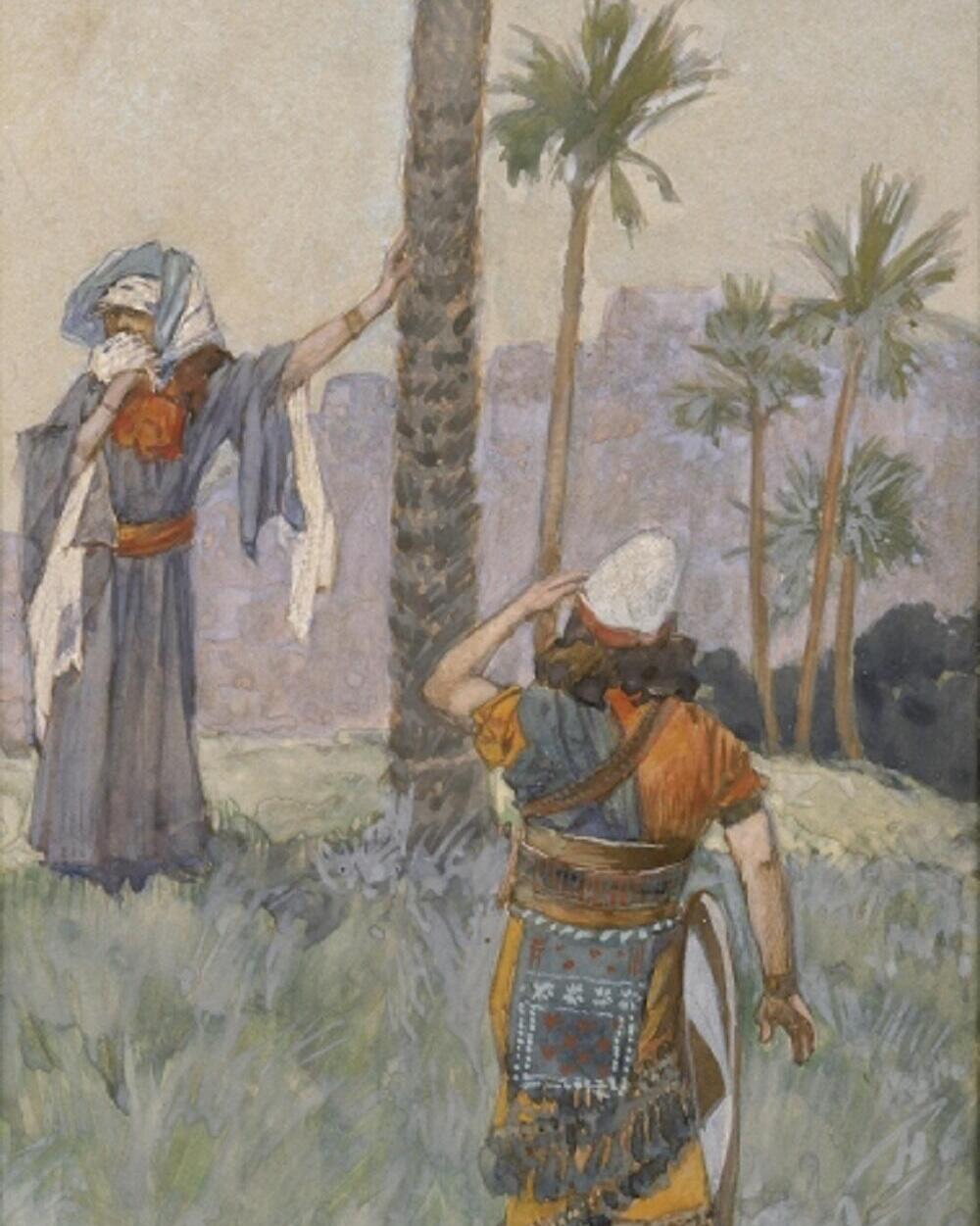 איור המתאר את דבורה הנביאה בעודה עומדת תחת עצי דקל
