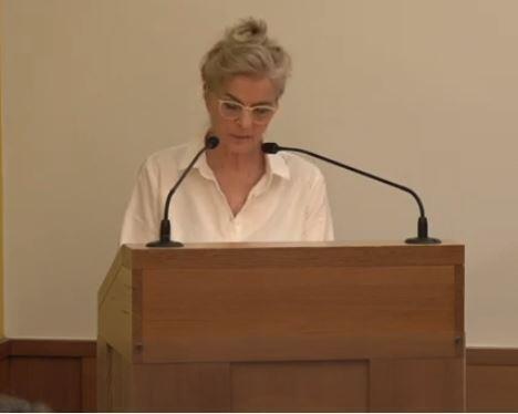 Charlotte Wiedemann speaking at an event comparing the Holocaust to the Nakba 