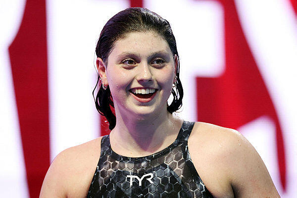 Claire Weinstein reacts after winning the Women's 200 Meter Freestyle Final on day two of the Phillips 66 National Championships at Indiana University Natatorium on June 28, 2023 in Indianapolis, Indiana
