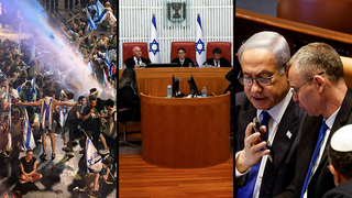 Protesters, the Supreme Court, Benjamin Netanyahu and Yariv Levin 