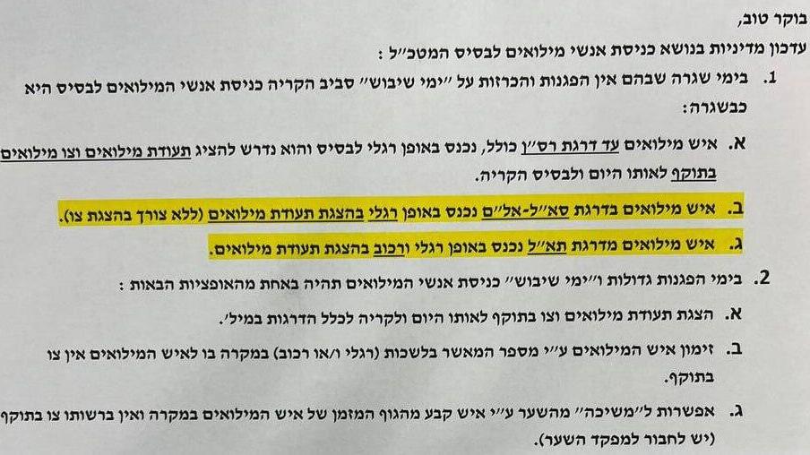 עדכון מדיניות כניסת אנשי מילואים לבסיס הקריה, תל אביב