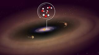 It is possible that rocky planets are formed in an environment that already contains water vapors. A simulation of the PDS 70 system with the two planets and the inner region where rocky planets are expected to form 