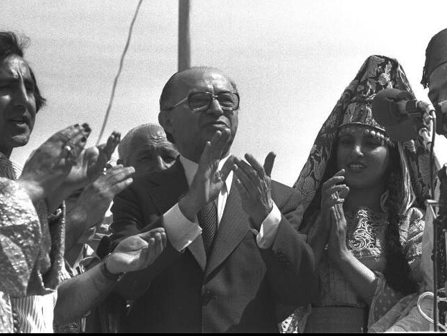 Menachem Begin, founder of Likud and the sixth Prime Minister of Israel during Mimouna celebrations  