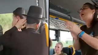  נשים בארגון אחים לנשק שרות בקולי קולות באוטובוס יחד עם חרדים,  ובתגובה החרדים מכסים את אוזניהם