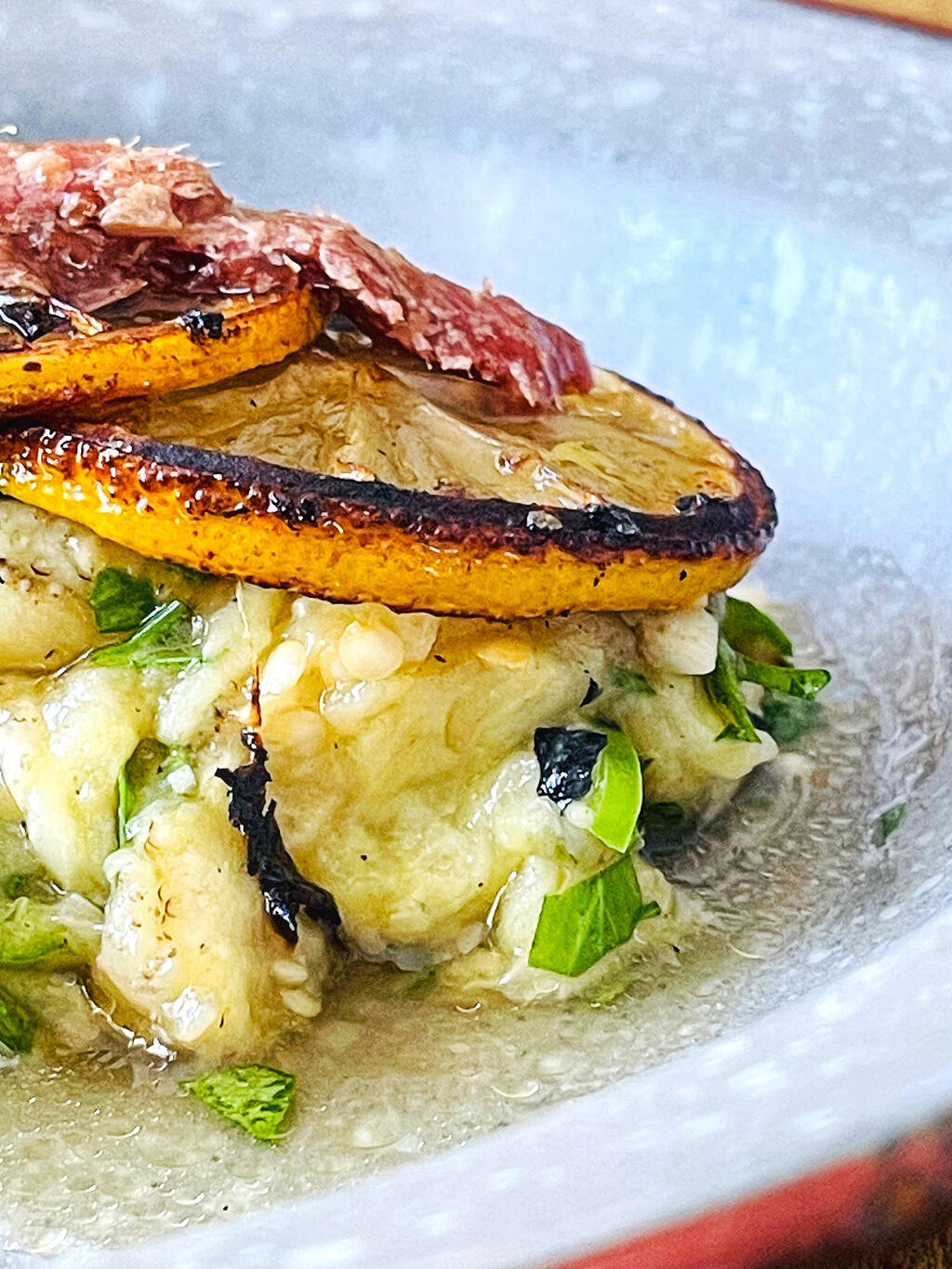 Roasted eggplant with olive oil, garlic and parsley 