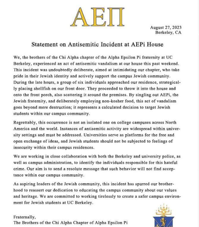 'Chi Alpha chapter of Alpha Epsilon Pi stands united against antisemitism'. The full statement